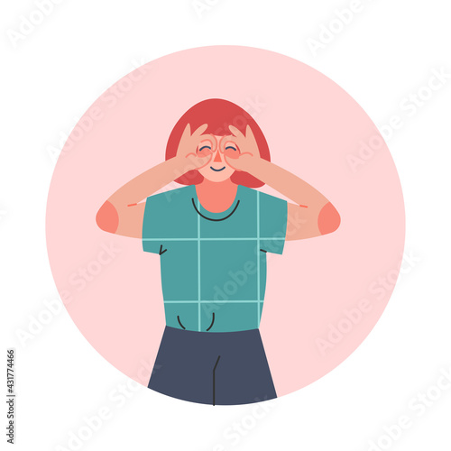 Teen Girl Making Symbolic Gesture of Binoculars, Teenager Expressing Positive Emotions, Nonverbal Communication Concept Cartoon Vector Illustration