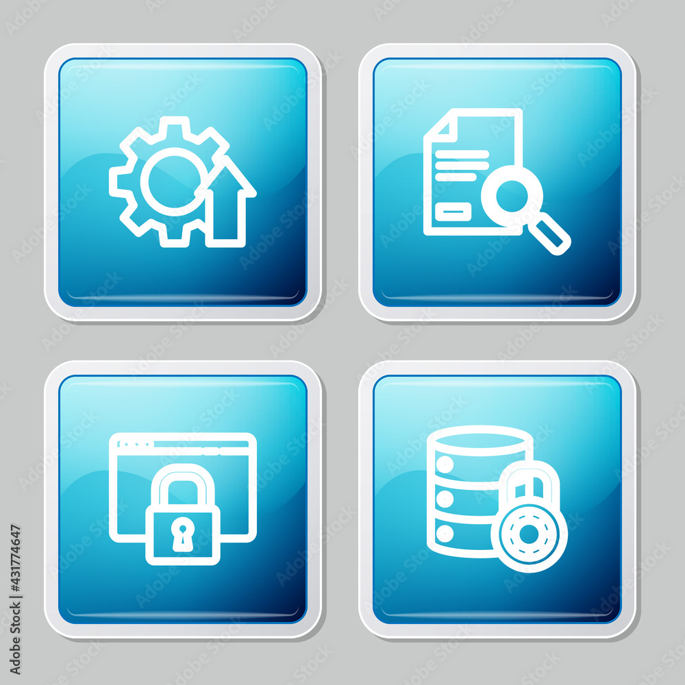 Set line Arrow growth gear, Document with search, Secure your site HTTPS, SSL and Server security lock icon. Vector Set line Arrow growth gear, Document with search, Secure your site HTTPS, SSL and Server security lock icon. Vector