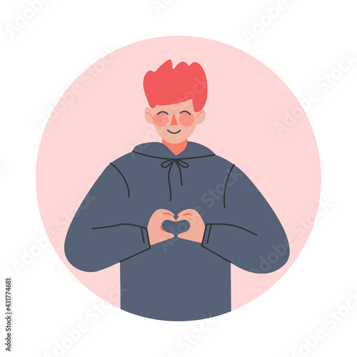 Teen Boy Making Heart Hand Gesture, Teenager Expressing Positive Emotions, Nonverbal Communication Concept Cartoon Vector Illustration