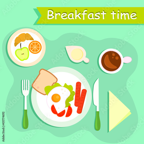 Vector breakfast concept with food and drinks with flat icons in composition. Menu of scrambled eggs  bread  tomatoes  fruit and croissant  as well as coffee.
