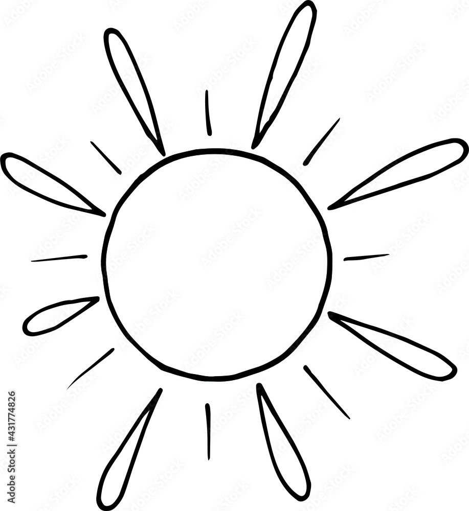 Single element of the sun in doodle summer set. Hand drawn vector illustration for greeting cards, posters, stickers and seasonal design.