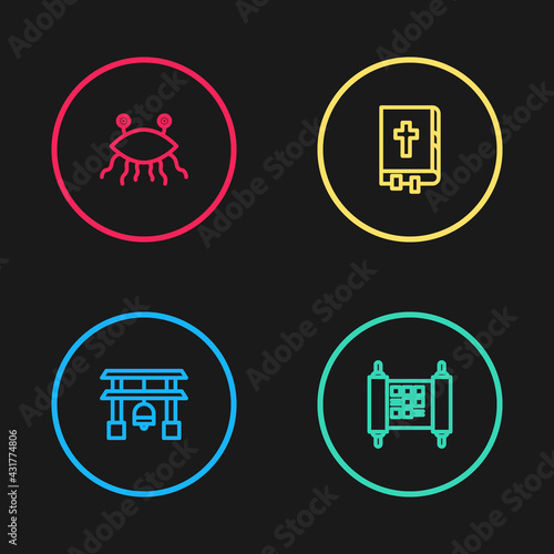 Set line Japan Gate, Decree, paper, parchment, scroll, Holy bible book and Pastafarianism icon. Vector
