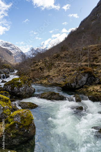 Bondhusdalen Valley near the village of Sunndal, the Bondhuselva River in the background of the mountains, Norway