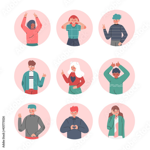 Boys and Girls Making Hand Sign Gestures Set  Teenagers Expressing Emotions  Nonverbal Communication Concept Cartoon Vector Illustration