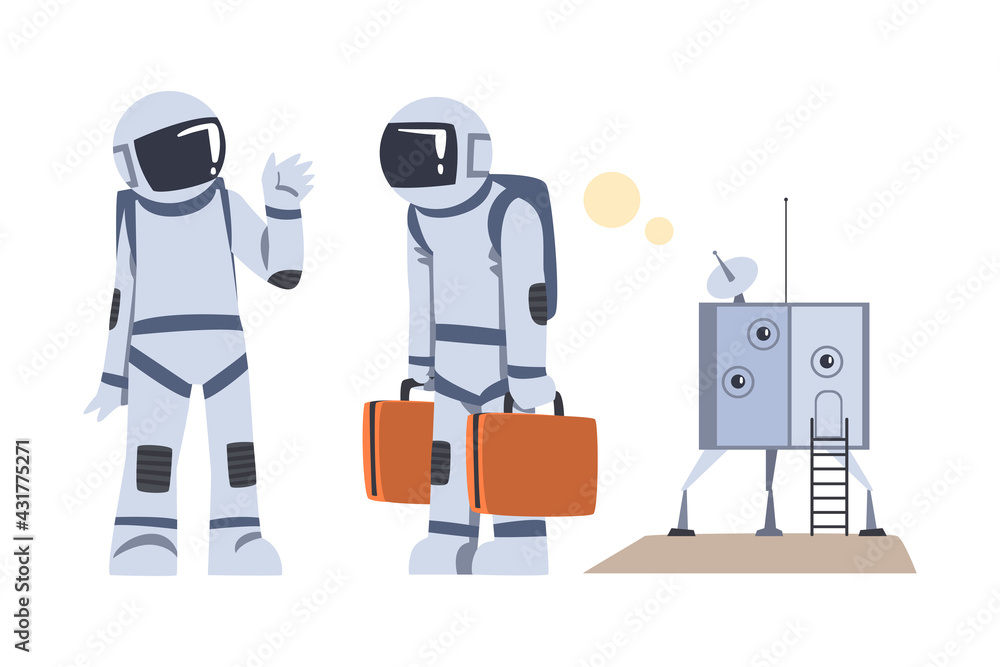 Space Tourists Wearing Spacesuits Landed on Mars or Moon, Space Tourism Concept Cartoon Vector Illustration Space Tourists Wearing Spacesuits Landed on Mars or Moon, Space Tourism Concept Cartoon Vector Illustration