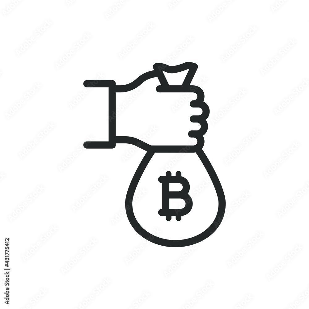 Hand holding a bitcoin money bag. Investment. Savings icon concept isolated on white background. Vector illustration Hand holding a bitcoin money bag. Investment. Savings icon concept isolated on white background. Vector illustration