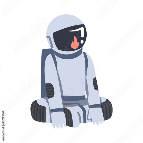 Astronaut Sitting on the Ground with Crossed Legs, Space Tourist Character in Space Suit Cartoon Vector Illustration