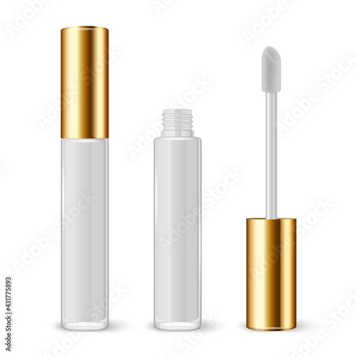 Vector 3d Realistic Closed, Opened White Lip Gloss, Lipstick Package, Golden Cap Set Isolated. Glass Container, Tube, Lid, Brush. Plastic Transparent Bottle Design Template, Mockup. Front View