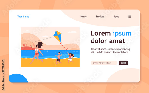 Happy mom with kids flying kite on beach. Family having fun at seaside. Flat vector illustration. Summer activity, leisure, vacation concept for banner, website design or landing web page