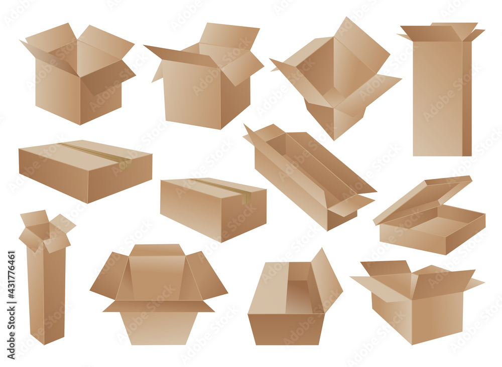 Boxes. Cardboard box mockup set. Mail containers in various shapes. Collection of brown recycling cardboard delivery boxes or postal parcel packaging, realistic illustration Boxes. Cardboard box mockup set. Mail containers in various shapes. Collection of brown recycling cardboard delivery boxes or postal parcel packaging, realistic illustration