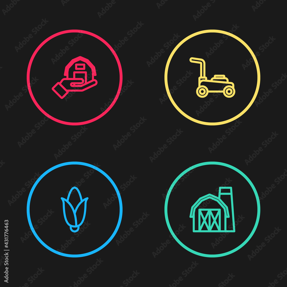 Set line Corn, Farm house, Lawn mower and in hand icon. Vector Set line Corn, Farm house, Lawn mower and in hand icon. Vector