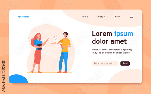 Student giving test to teacher. Intern, tutor, examinee. Flat vector illustration. Education, internship, training, knowledge checking concept for banner, website design or landing web page