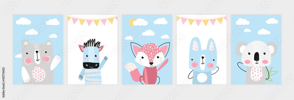 Fototapeta premium Cute posters with little bear, zebra, fox, hare, koala
