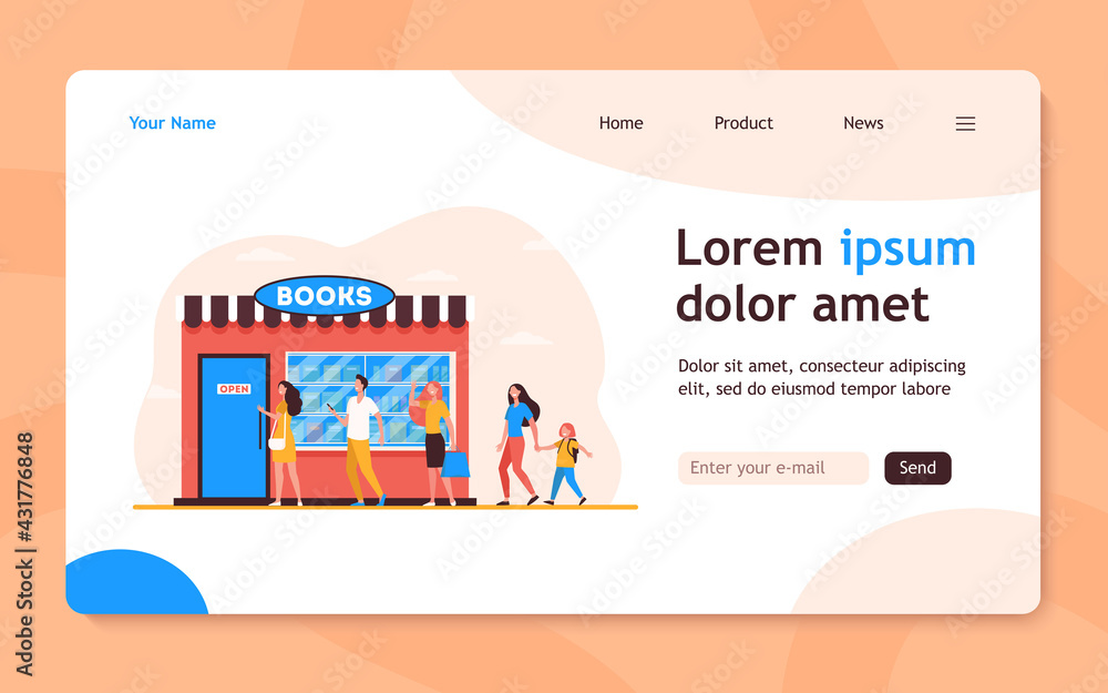 Fototapeta premium Smiling people standing in line to book store. Shop, study, novel flat vector illustration. Education and reading concept for banner, website design or landing web page