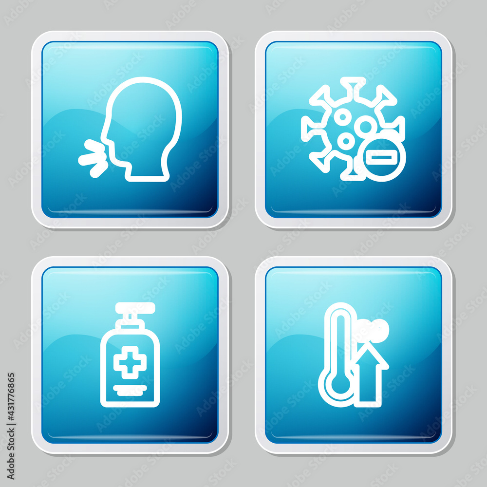 Set line Man coughing, Negative virus, Liquid antibacterial soap and High human body temperature icon. Vector Set line Man coughing, Negative virus, Liquid antibacterial soap and High human body temperature icon. Vector