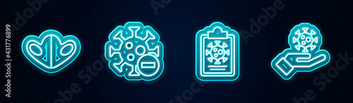 Set line Medical protective mask, Negative virus, Clipboard with blood test results and Hand. Glowing neon icon. Vector
