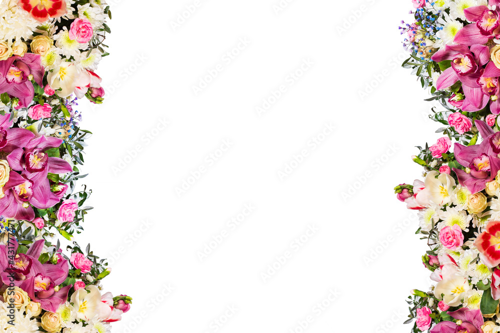 Beauty mix flowers frame isolated white background Beauty mix flowers frame isolated white background