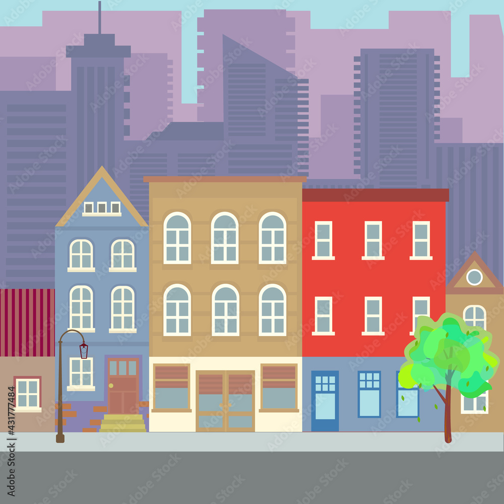 Сity vector illustration. City downtown landscape with skyscraper silhouettes. Design for mobile app, computer game. Low-rise apartment buildings on background of sky. Modern town architecture