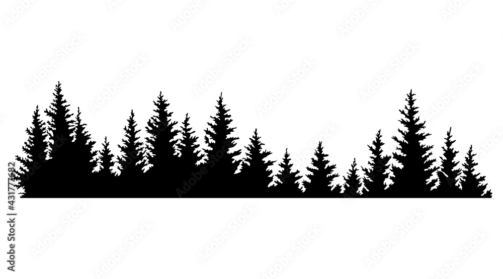 Fir trees silhouettes. Coniferous spruce horizontal background pattern, black evergreen woods  illustration. Beautiful hand drawn panorama of a coniferous forest - obrazy, fototapety, plakaty 