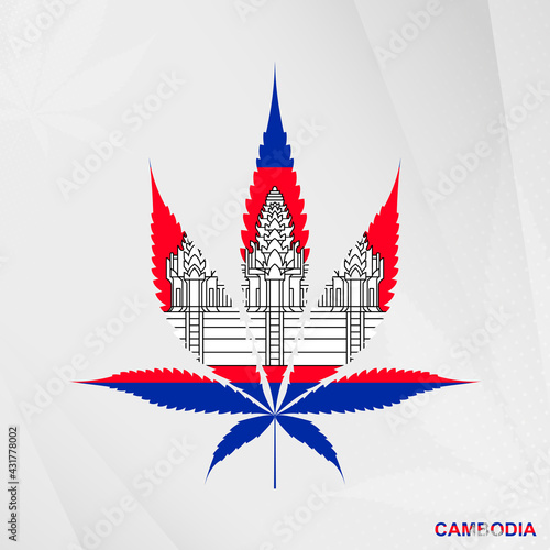 Flag of Cambodia in Marijuana leaf shape. The concept of legalization Cannabis in Cambodia.