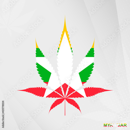 Flag of Myanmar in Marijuana leaf shape. The concept of legalization Cannabis in Myanmar.