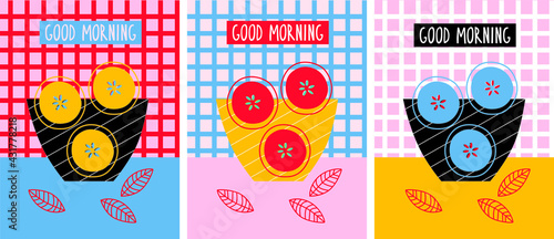 Breakfast Poster set modern abstract illustration vector. Apple slice summer fruits. Good morning set poster. Mid century style.