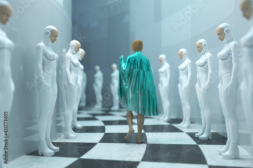 woman walks in a human cloning factory photo