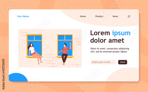 Neighbors in masks sitting separately on windowsills and chatting. Outdoor building wall and windows view. Flat vector illustration. Stay home concept for banner, website design or landing web page