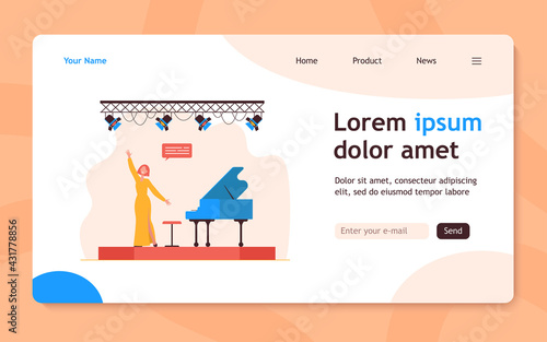 Singer performing on stage. Singing woman, vocalist, great piano. Flat vector illustration. Performance, entertainment, musical show concept for banner, website design or landing web page