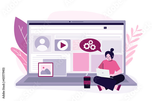 Female designer sits and setup website in laptop. UI developer programming or coding new site. Laptop screen with web page. Webpage repair, building and customization concept. Vector illustration