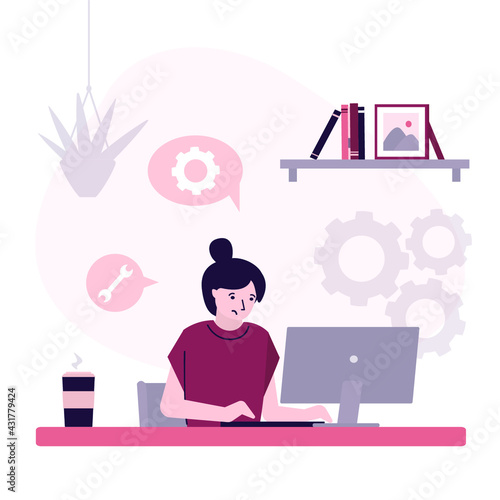 Sad business woman repairing computer. Female employee setting up software. Failure girl in workspace adjust computer settings. Concept of computer maintenance service. Flat vector illustration