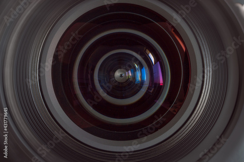 Close-up camera lens with color reflections