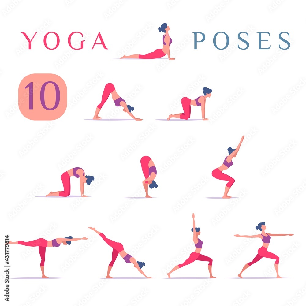 Poses of woman yoga exercising. Concept illustration for yoga, healty, meditation, relaxation.