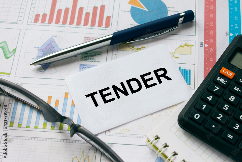 Business card with text Tender with, glasses, pen and calculator Business card with text Tender with, glasses, pen and calculator
