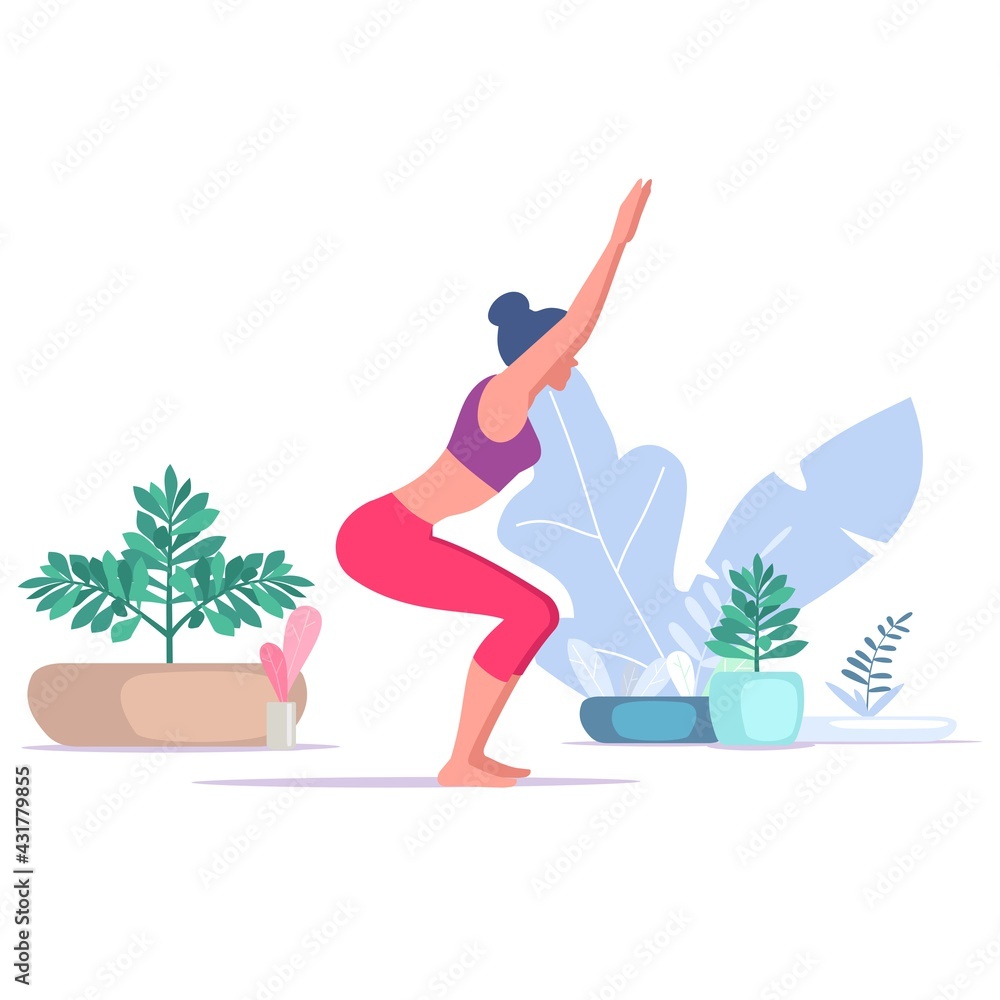Woman are doing yoga different poses vector illustration with flowers on white background.. 