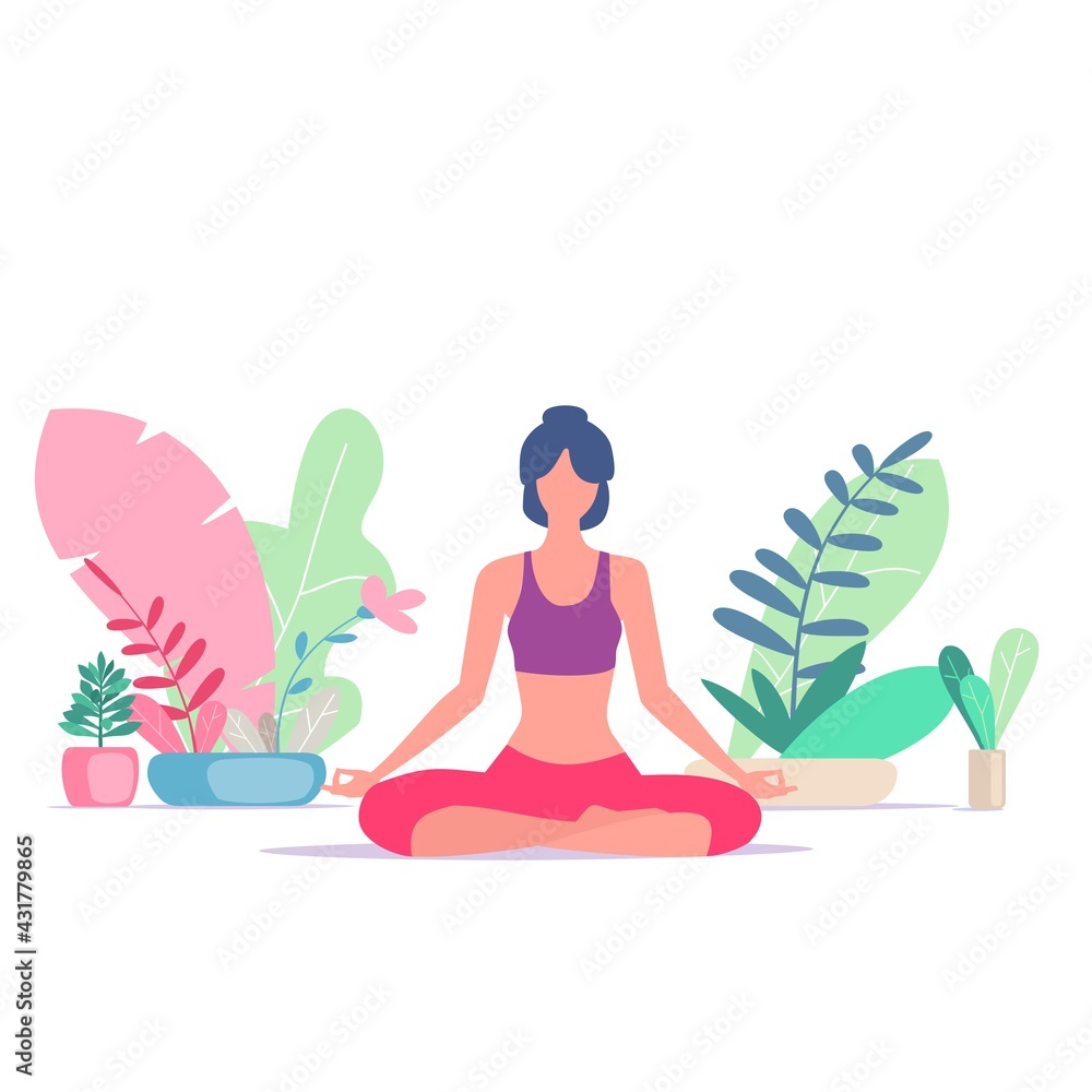 Woman sitting in the lotus position among the flowers. Concept illustration for yoga, meditation, relaxation, healthy lifestyle.