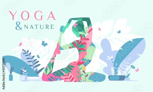 Young woman practicing yoga in nature. Woman and yoga abstract vector illustration.