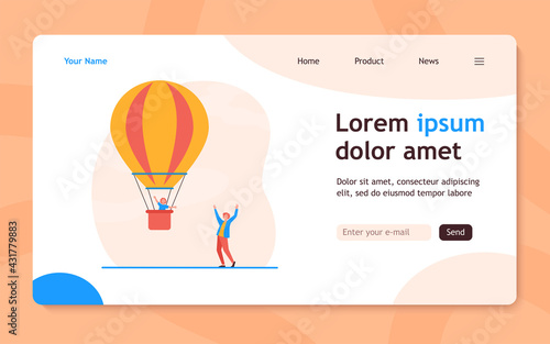 Dad launching hot air balloon with sun in basket. Parent and kid, flight, amusement park. Flat vector illustration. Family, entertainment concept for banner, website design or landing web page