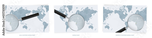 Blue Abstract World Maps with magnifying glass on map of Equatorial Guinea with the national flag of Equatorial Guinea. Three version of World Map.