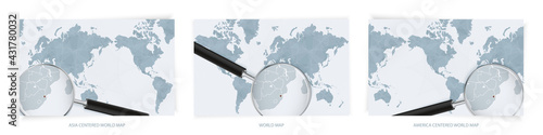 Blue Abstract World Maps with magnifying glass on map of Swaziland with the national flag of Swaziland. Three version of World Map.