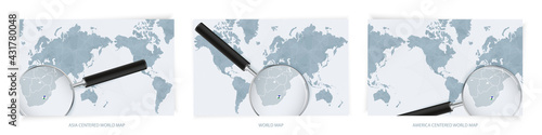 Blue Abstract World Maps with magnifying glass on map of Lesotho with the national flag of Lesotho. Three version of World Map.