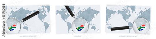 Blue Abstract World Maps with magnifying glass on map of South Africa with the national flag of South Africa. Three version of World Map.