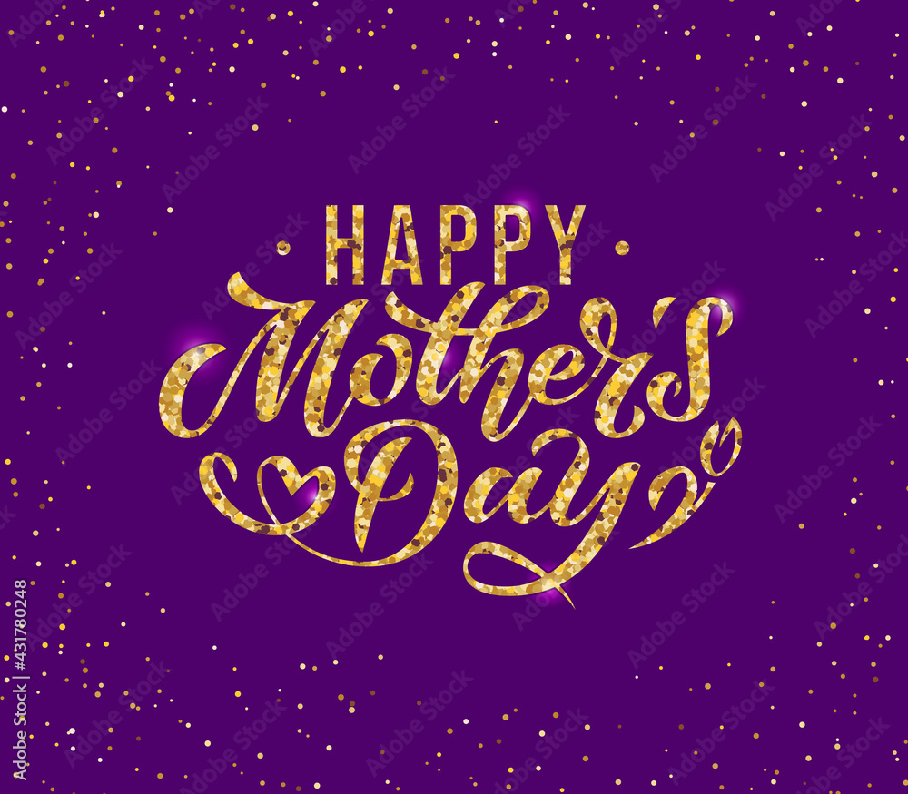 Happy Mother's Day greeting card, poster, banner. Hand lettering text. Vector calligraphy with floral elements vignette. Gold luxuary decoration