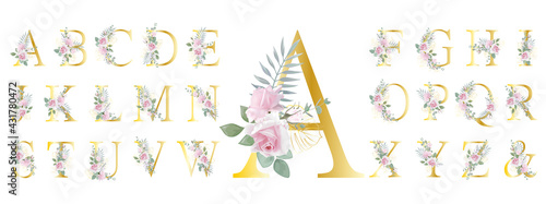 Floral Alphabet. Set letters with botanical bouquet. Wedding invitations, greeting card, birthday, logo, poster other ideas. Vector illustration.