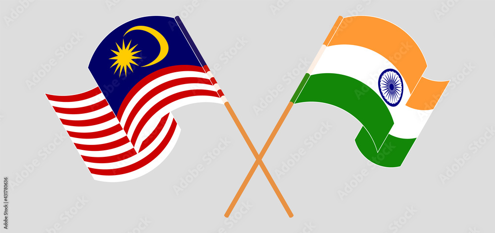 Fototapeta Crossed and waving flags of Malaysia and India