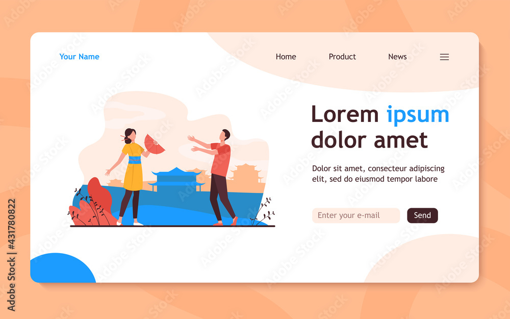 Male traveler talking with Asian girl in traditional clothes. China, weekend, nation flat vector illustration. Travel and holiday trip concept for banner, website design or landing web page Male traveler talking with Asian girl in traditional clothes. China, weekend, nation flat vector illustration. Travel and holiday trip concept for banner, website design or landing web page