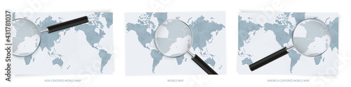 Blue Abstract World Maps with magnifying glass on map of Andorra with the national flag of Andorra. Three version of World Map.