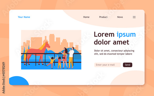 Family looking at horse in city park. Parent and kids visiting zoo or hippodrome. Flat vector illustration. Animals, family, entertainment concept for banner, website design or landing web page