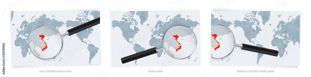 Blue Abstract World Maps with magnifying glass on map of Vietnam with the national flag of Vietnam. Three version of World Map. Blue Abstract World Maps with magnifying glass on map of Vietnam with the national flag of Vietnam. Three version of World Map.