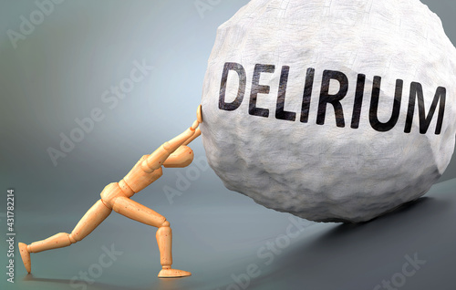 Fotografía Delirium and painful human condition, pictured as a wooden human figure pushing